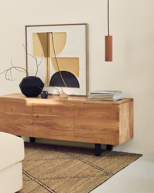 Uxue 3-seat TV cabinet with 3 doors in solid acacia wood with bleached finish 150 x 58 cm