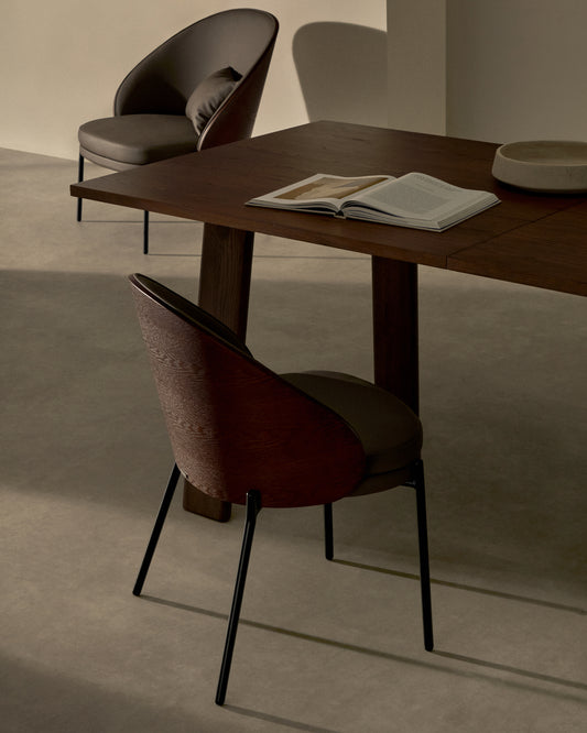 Eamy chair in brown polyurethane, ash veneer with walnut and black metal finish