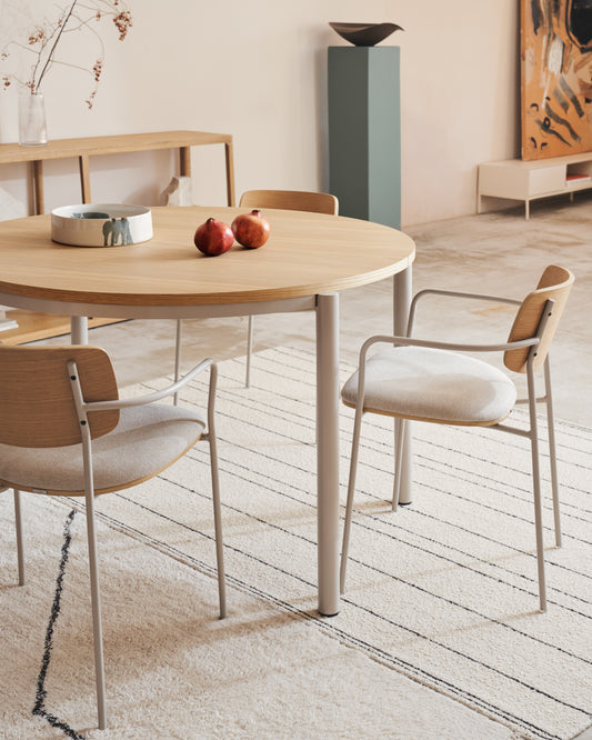 Montuiri round extendable table in oak veneer and steel legs in gray color, Ø90(170) cm