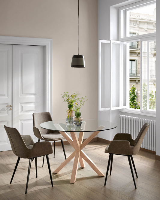 Argo round glass table with steel legs with wood effect Ø 119 cm