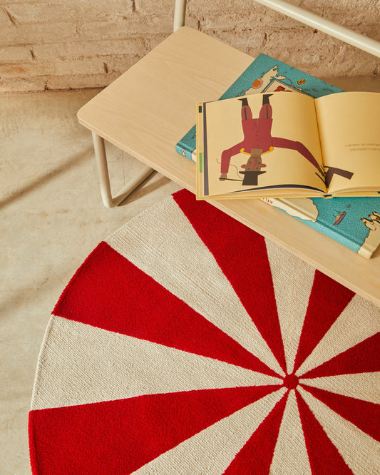 Virla beige and red, 100% cotton carpet, Ø 100 cm