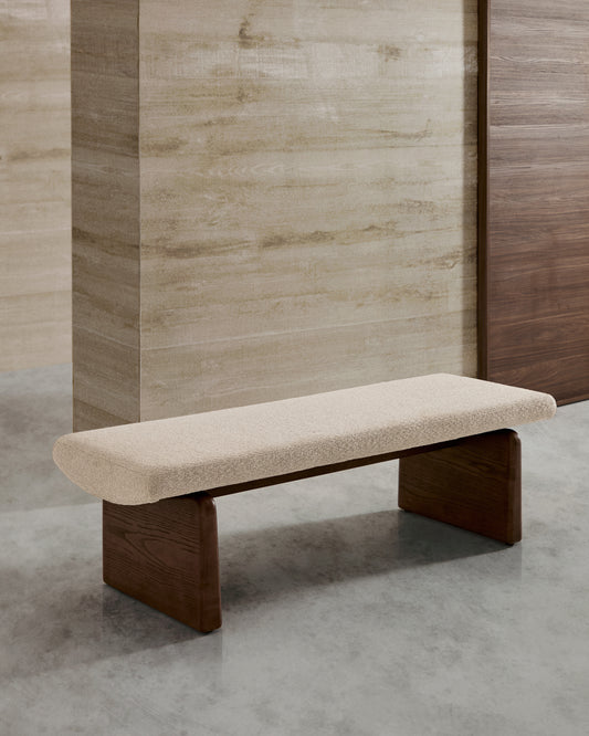 topaz bench made of beige chenille and FSC 100% solid ash wood in walnut color, 150 cm