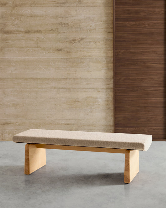 topaz bench in beige chenille and FSC 100% solid ash wood in natural finish, 150 cm