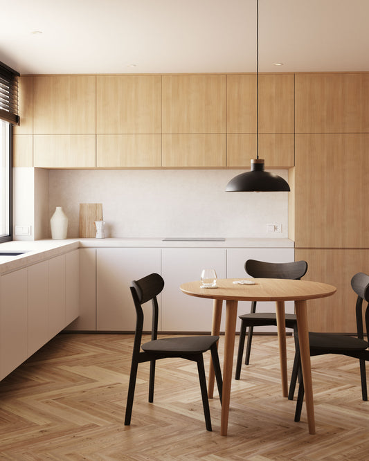 Oqui round extendable table in MDF oak veneer and solid wood legs, 90 (170) x 90 cm