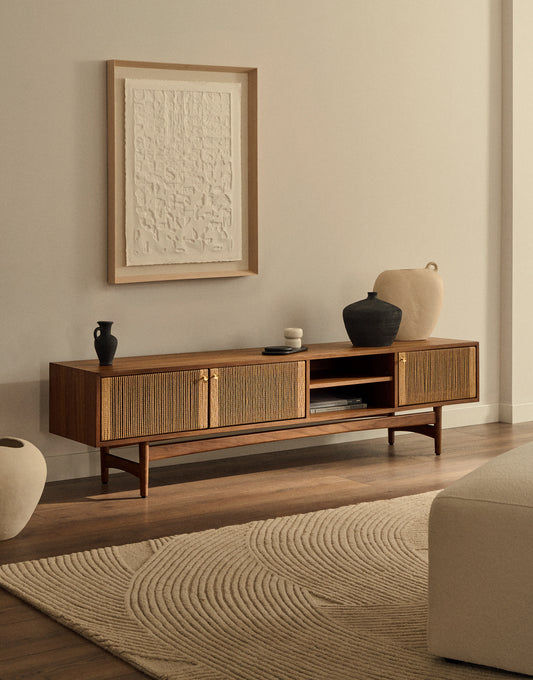 Elan tv cabinet with 3 doors in veneer and solid walnut and cord 200 x 50 cm FSC Mix Credit
