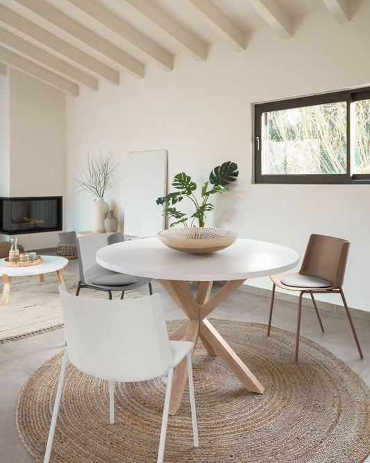 Argo round melamine table with white finish and steel legs with wood effect Ø 120 cm