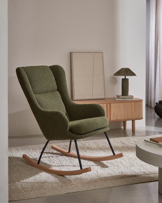 Maustin rocking chair in green boucle with dark green steel frame and beech wood