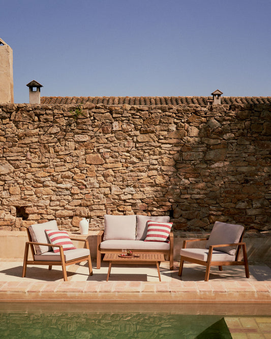 Frares set, 2 seater sofa, 2 armchairs and coffee table, solid acacia wood