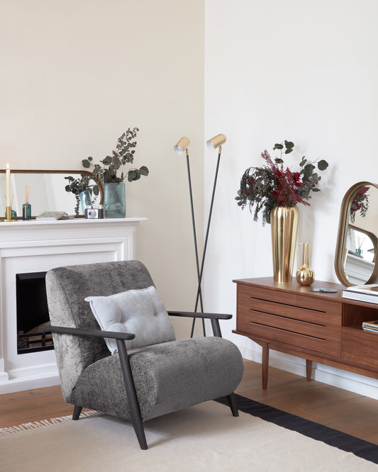 Meghan armchair in gray chenille fabric and wood with wenge finish