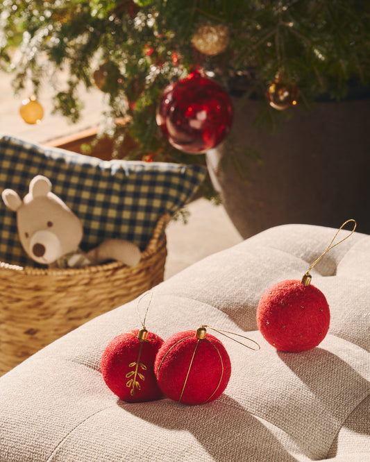 Breshi set of 3 small red decorative hanging balls with gold details