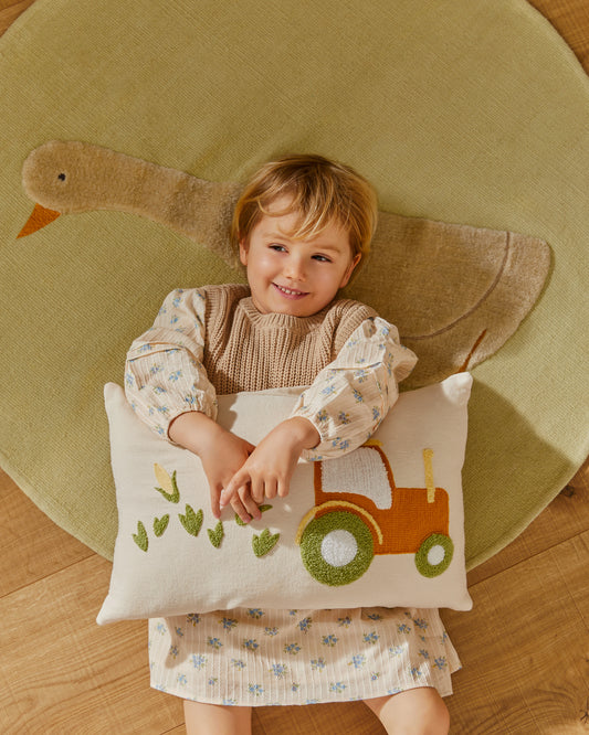 Pecky beige cotton cushion cover with tractor embroidery, 30 x 50 cm