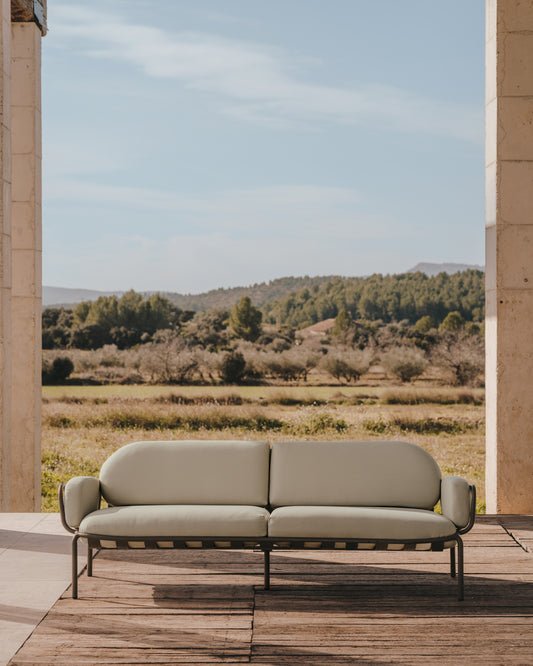 Joncols outdoor 3-seater sofa in aluminium with green painted finish and beige cushions 224cm