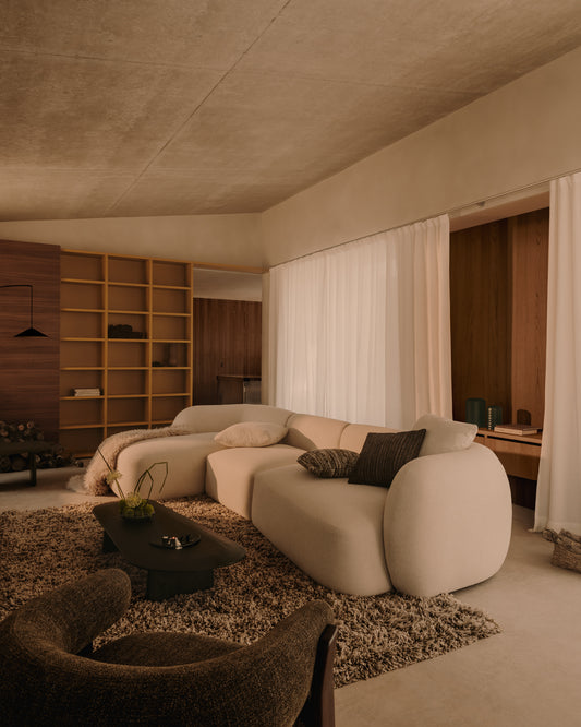 Modular sofa Martina with 4 seats in ecru chenille with left chaise longue 377 cm