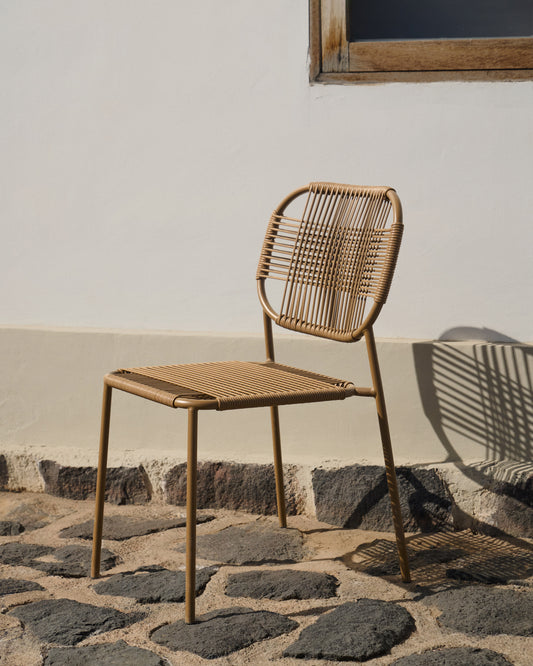 Talaier stackable outdoor chair in synthetic rope and galvanised steel with brown finish