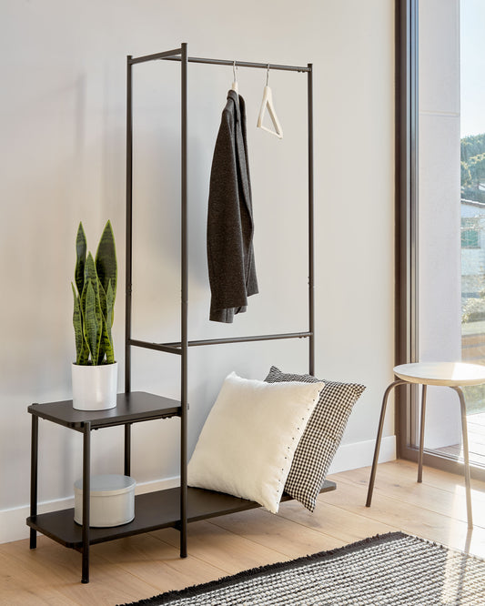 Galatia melamine and metal clothes rail with bench in black 100 x 150 cm