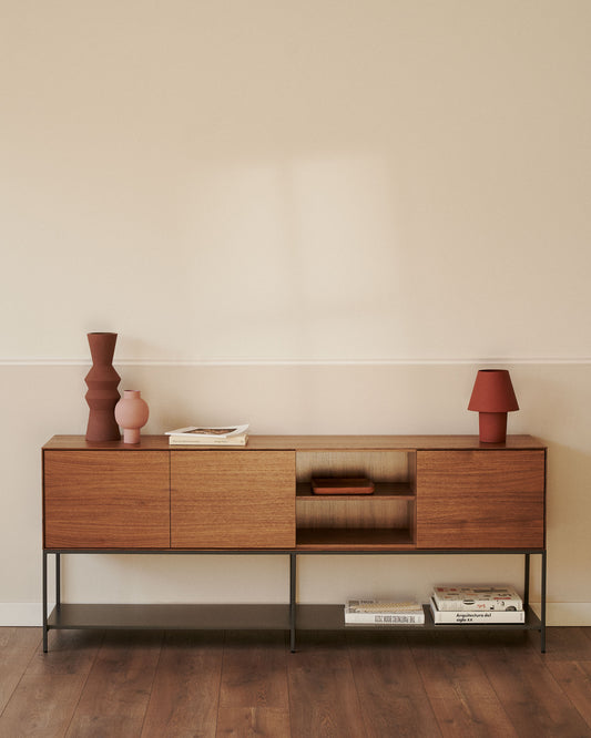 Bright chest of drawers with 3 doors in walnut veneer with steel legs, 195 x 80 cm