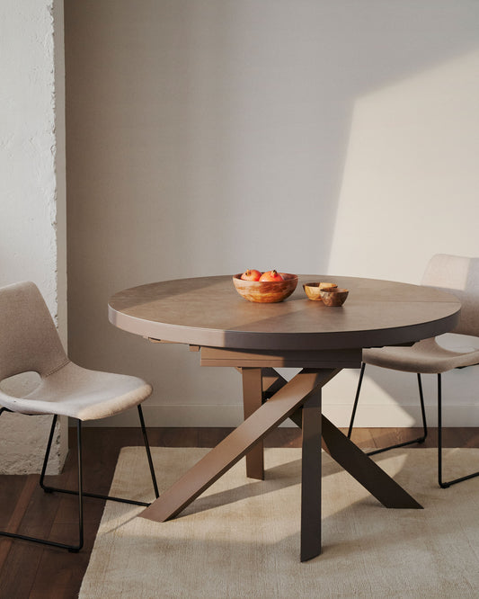 Vashti round extendable table, porcelain and steel legs with brown finish, Ø 120(160) cm