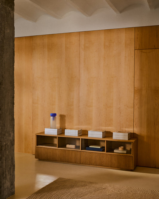 Helvine tv stand 4 doors and 2 drawers oak veneer and tempered glass, 200 x 54 cm FSC 100%