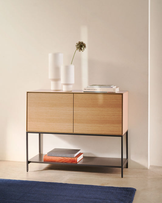 Clear chest of drawers with 2 doors in oak veneer with steel legs, 97.5 x 80 cm