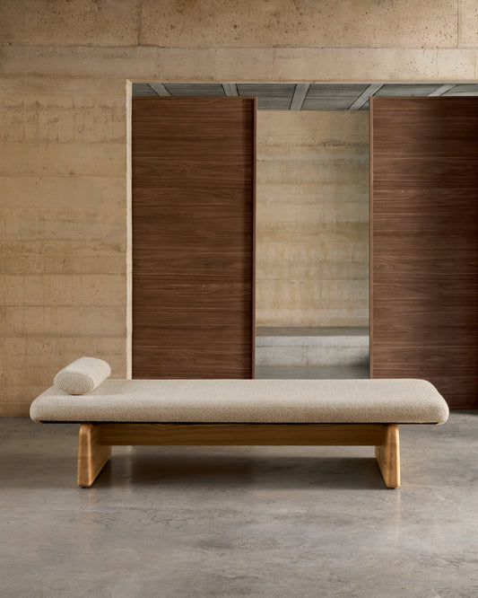 topaz divan in beige chenille with solid ash wood in natural finish, 200 cm FSC 100%