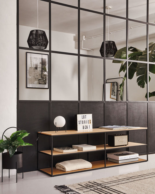 Yoana tV stand with oak veneer and painted black metal structure, 160 x 40 cm