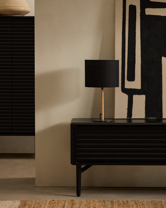 Pina metal and rattan table lamp with black cotton shade