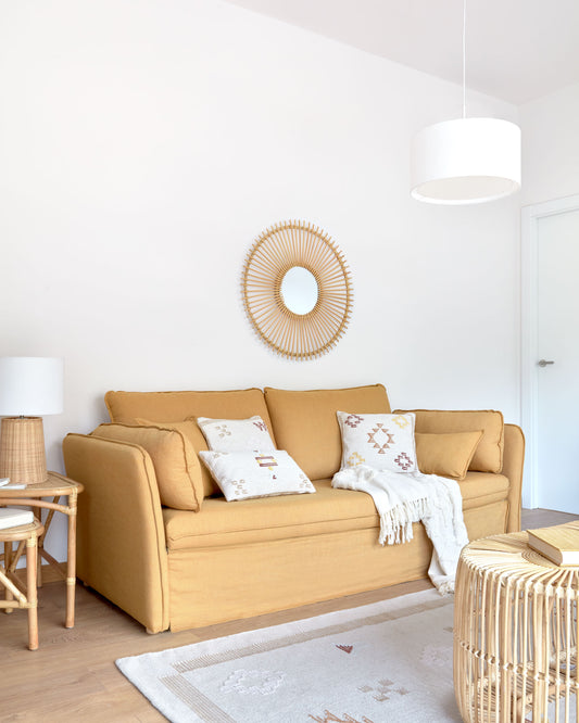 tanit kauč na razvlačenje u senfu sa prirodnim finišom od punog bukovog drveta, 210 cm FSC Mik Credit