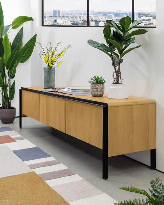 Nadyria TV cabinet with 3 doors, oak veneer and steel structure in black color 180 x 50 cm