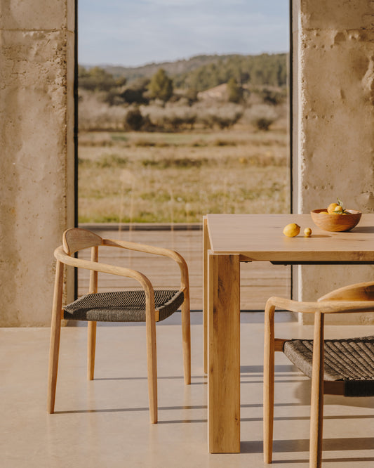 Nina stackable chair in FSC 100% solid acacia wood and black rope seat
