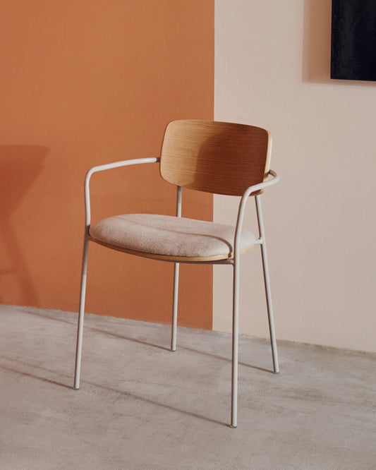 Maureen stacking chair in poplar plywood with light tone finish and beige metal legs, 100% FSC