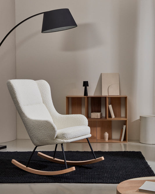 Maustin rocking chair in white boucle with black steel frame and beech wood