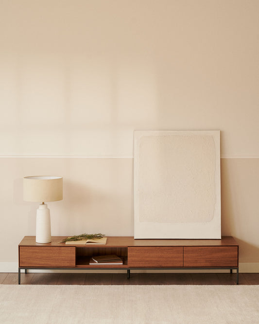 Vedrana tv stand with 3 drawers in walnut veneer with black steel legs, 195 x 35 cm