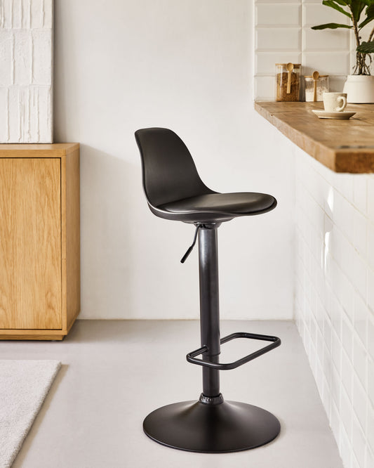 Orlando-t bar stool - black synthetic leather and matt black steel 60-82 cm