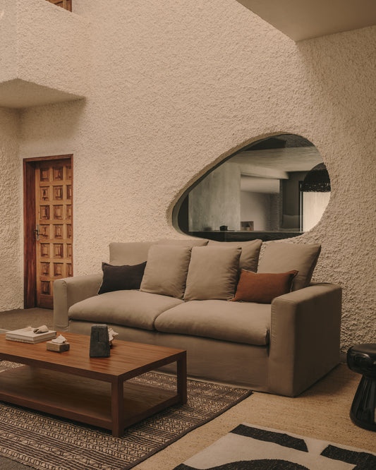 Nora sofa with cover and ecru linen and cotton cushions 240 cm