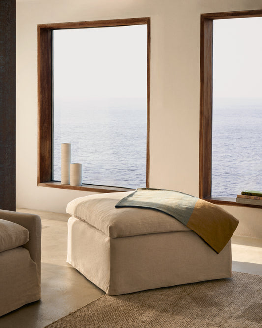 Zenira footstool with removable cover and beige cotton and linen cushion, 90 x 90 cm