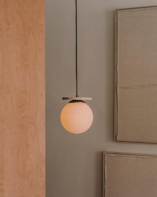 Malachi ceiling lamp with glazed glass and travertine