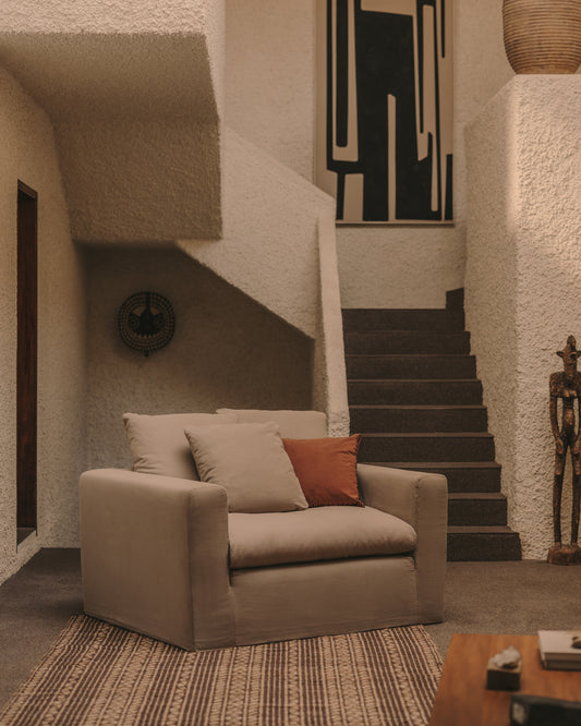Nora armchair with removable cover and ecru linen and cotton cushion 140 cm