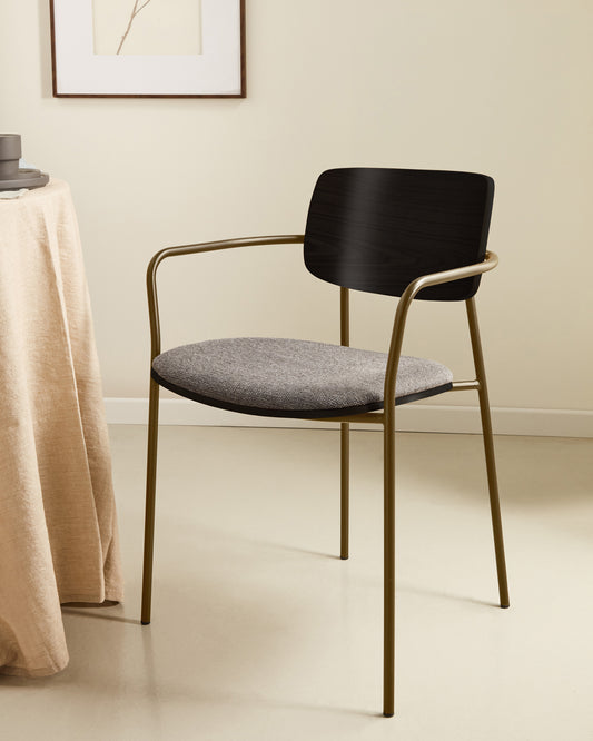 Maureen stacking chair in poplar plywood with dark tone finish and metal with brass finish, 100% FSC