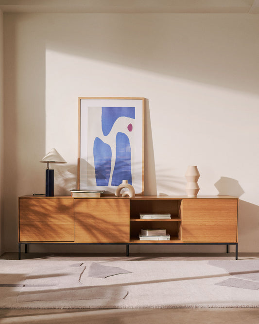Vedrana tv stand with 3 doors in oak veneer with black steel legs, 195 x 55 cm