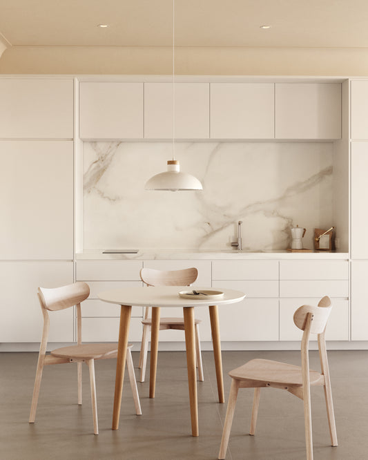 Oqui round extendable table in MDF with white lacquer and solid beech wood legs, 90 (170) x 90 cm