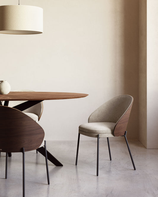 Eamy chair in light brown chenille with ash veneer in walnut finish and black metal