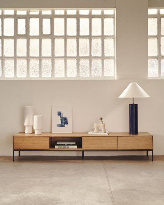 Vedrana tv stand with 3 drawers in oak veneer with black steel legs, 195 x 35 cm