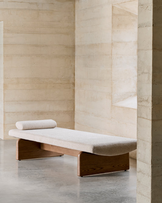 topaz divan in beige chenille with solid ash wood in walnut color, 200 cm FSC 100%