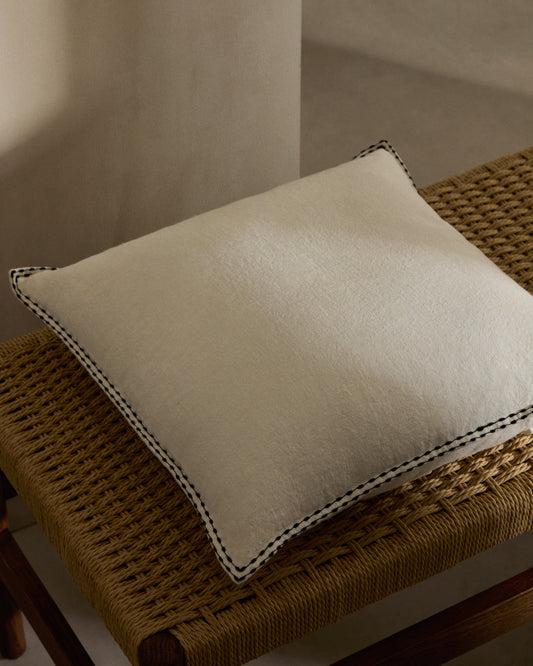 Sinnet cushion cover in white linen with black embroidery, 45 x 45 cm