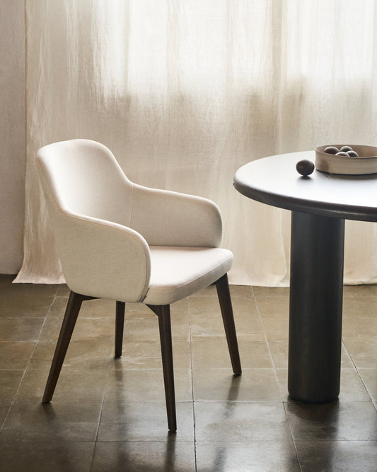 Nelida chair in beige chenille and solid beech wood in walnut color FSC 100%