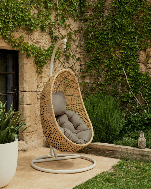 Cira light gray hanging armchair with natural finish