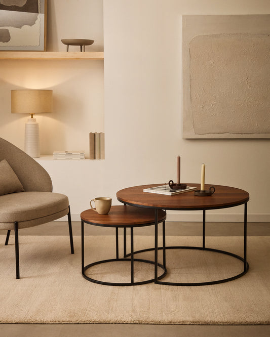 Yoana set of 2 nesting side tables with walnut and black metal veneer, Ø 80 cm / Ø 50 cm