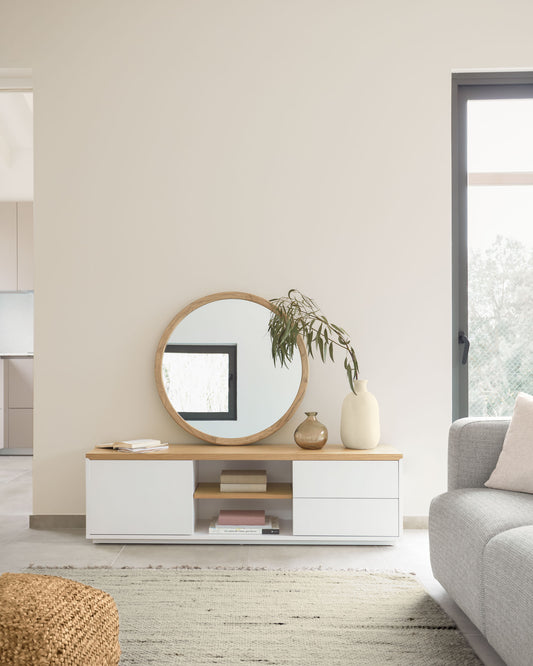 Abilen TV stand in oak veneer with 1 door and 2 drawers in white lacquer, 150 x 44 cm FSC 100%