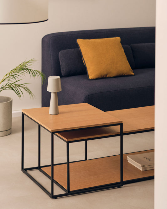 Yoana set of 2 coffee tables with oak veneer and white metal structure, 80 x 80 cm