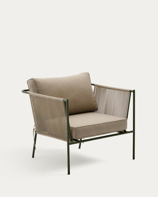 Zivia outdoor armchair in ecru rope and green galvanized steel